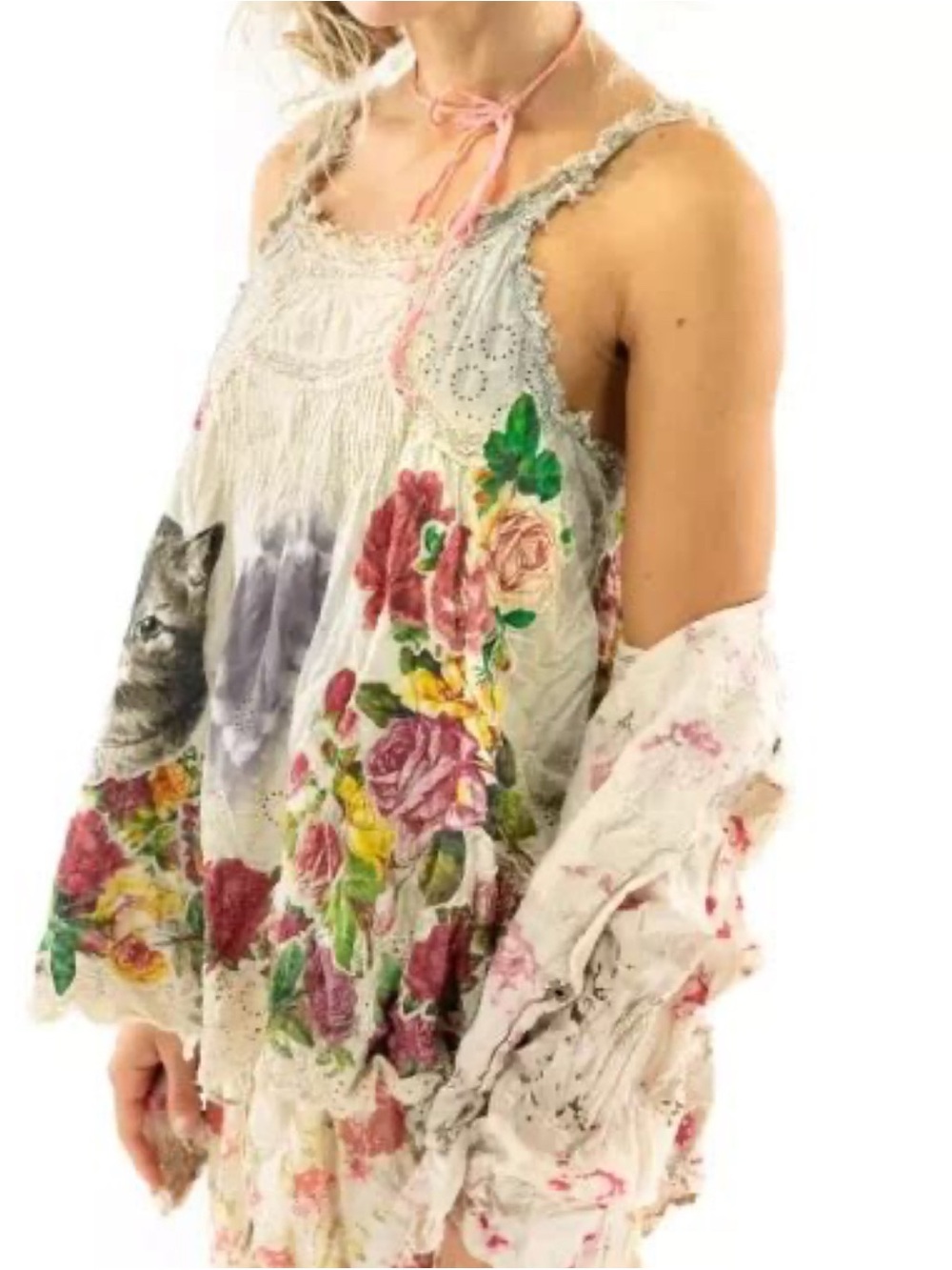 Magnolia Pearl Floral & Cat Print Lace-Trim Tank in Cream, Pink, Green